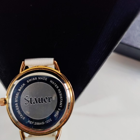 Stauer Swiss Made Watch Jeweled Case White Face Roman Numerals White Strap - Picture 6 of 8